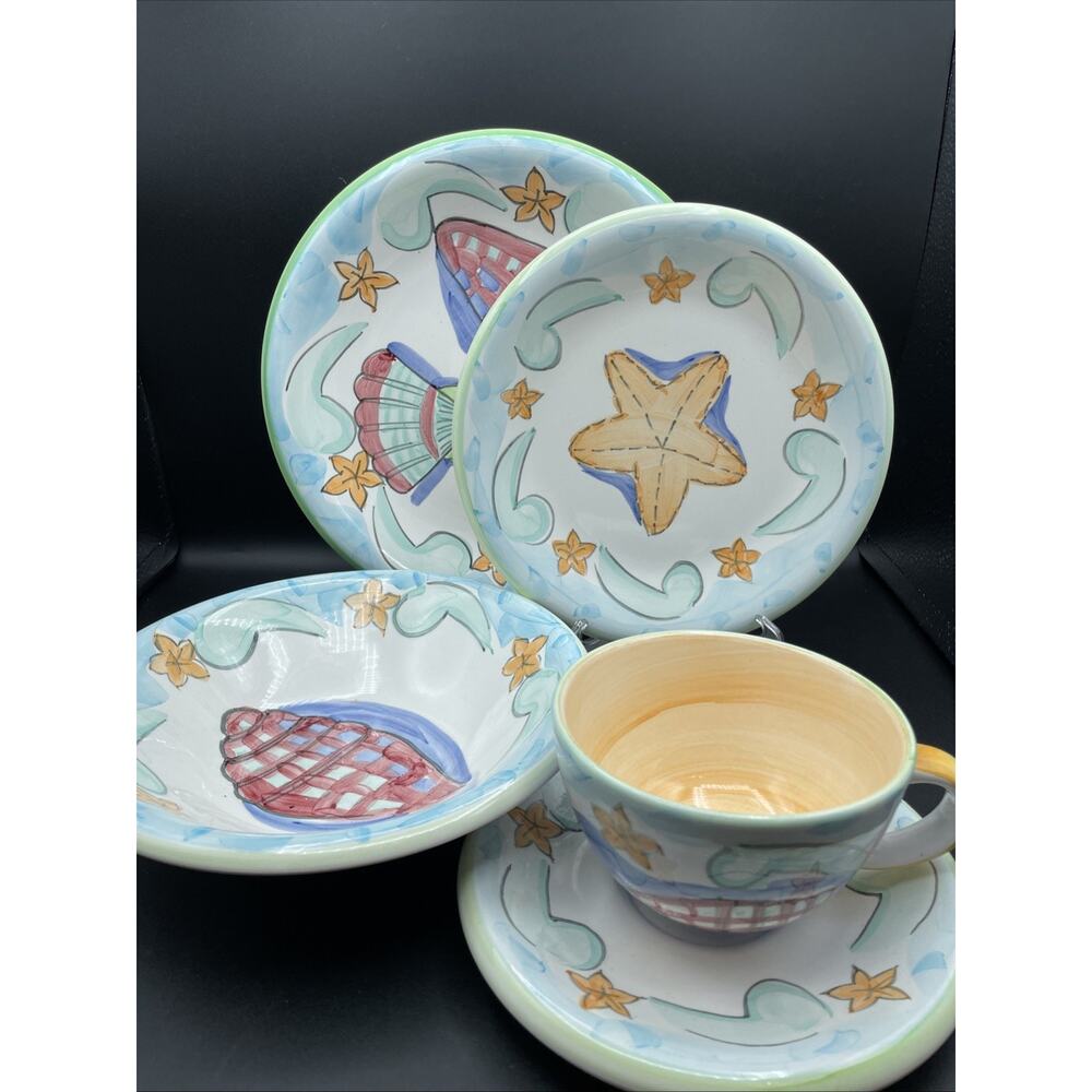 VTG Bella Ceramica Delray 5 PC Setting Aqua Scrolls Starfish Ocean Hand Painted